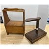 Image 1 : Antique wooden shoe shine box and Antique cast iron cobbler's shoe anvil and last mounted on a woode