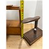 Image 2 : Antique wooden shoe shine box and Antique cast iron cobbler's shoe anvil and last mounted on a woode