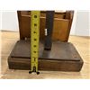 Image 5 : Antique wooden shoe shine box and Antique cast iron cobbler's shoe anvil and last mounted on a woode
