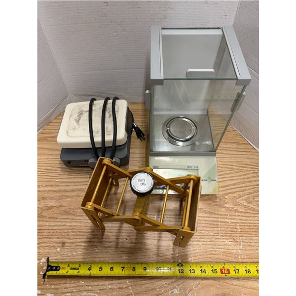 Gold-colored Swiss Boy 115 Lab Jack, Corning Laboratory Stirring Hot Plate (Untested) and Mettler To
