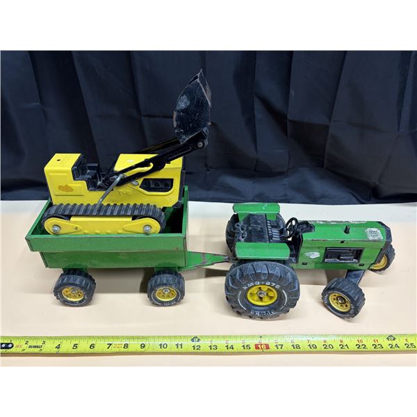 Vintage Tonka tractor and trailer set, paired here with a yellow and black Tonka crawler/loader toy 