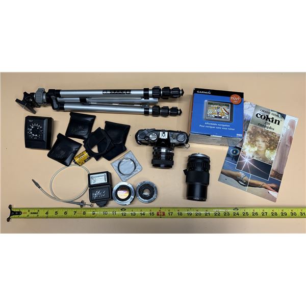 Collection of vintage photography equipment,. (It includes Camera, Camera Lenses, Tri-pot, Navigatio
