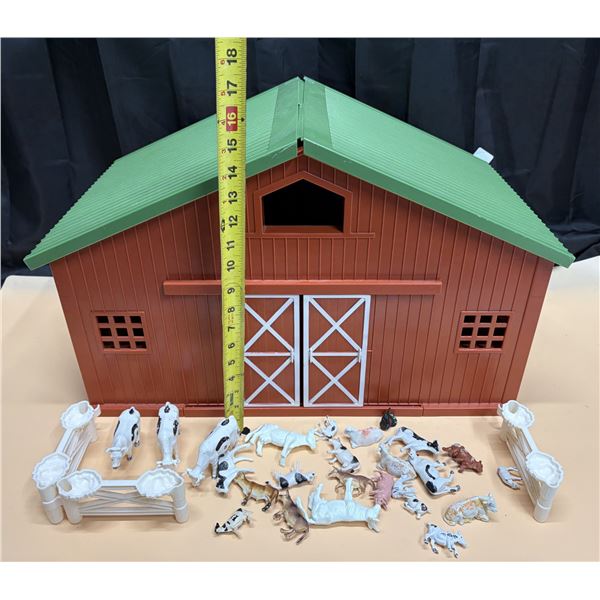 New Ray Country Life Extra Large Barn/Ranch Set featuring a red plastic barn with a green roof, whit
