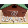 Image 2 : New Ray Country Life Extra Large Barn/Ranch Set featuring a red plastic barn with a green roof, whit