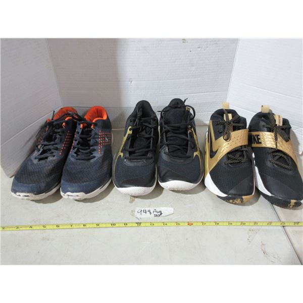 (1) Nike basketball shoes size 6 youth, (1) Nike running shoes (M7.5/ W 9), and (1) Champion mens ru