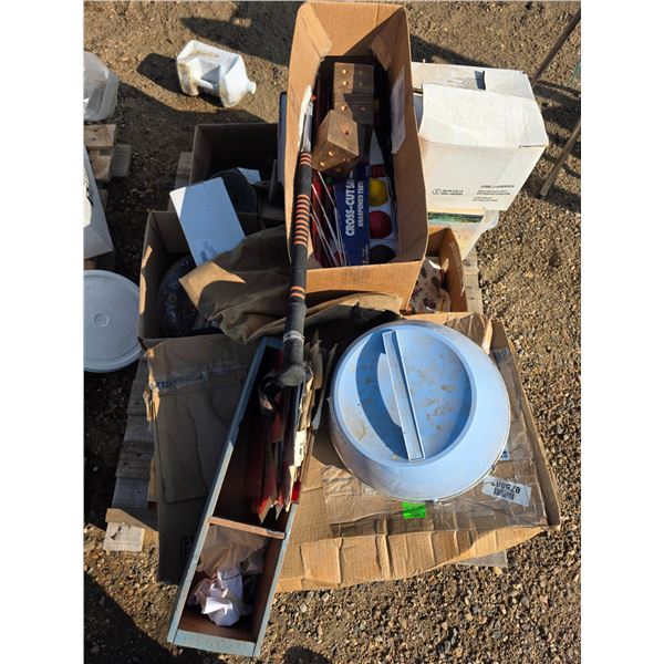 Pallet of misc items, croquet game, books, planer