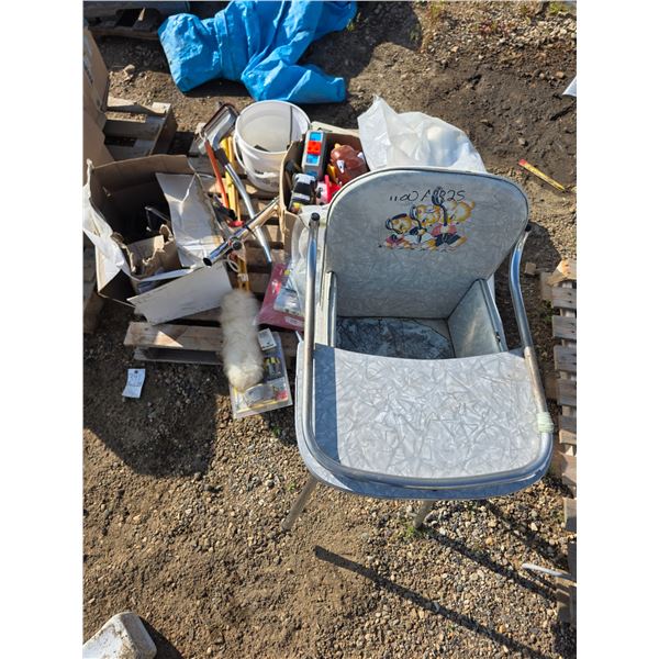 Pallet of misc items, high chair, toys, hardware