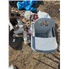 Image 1 : Pallet of misc items, high chair, toys, hardware