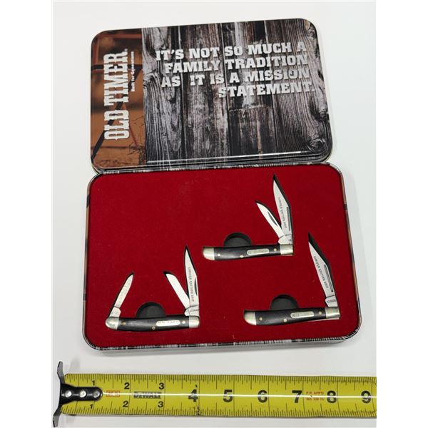 Vintage Schrade Old Timer limited edition 3-piece folding pocket knife set featuring sawcut handles 