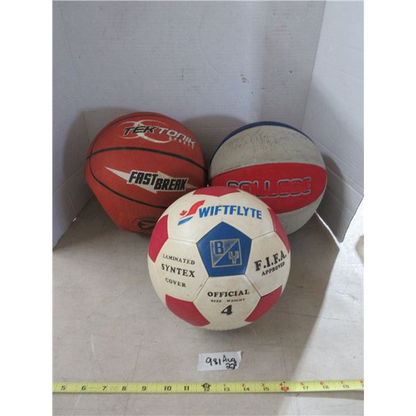 Tektonk basketball size 7, Wiftflye soccer ball size 4, and Adidas College basketball size 6