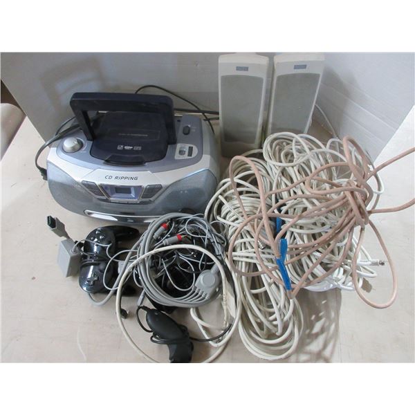 Philips Soundmachine, Wii Controllers, Altec Computers speakers, Nintendo Wii cards, and other cords
