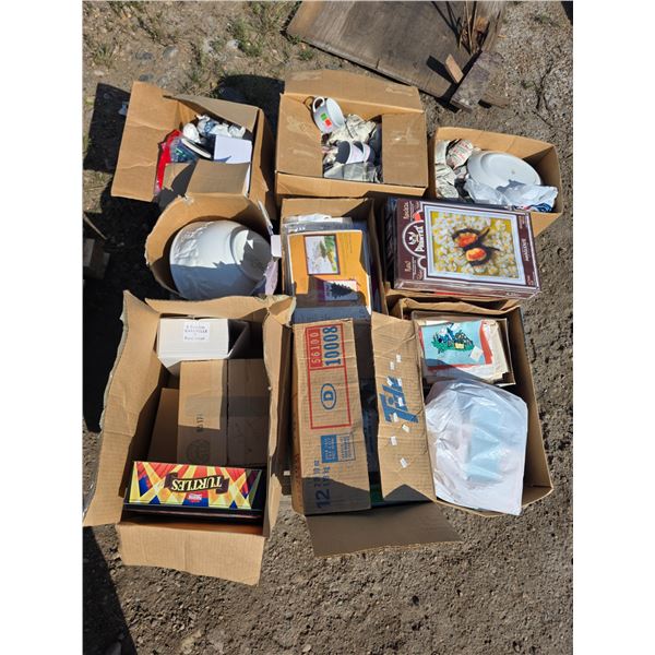 Pallet of misc items- dishes, bag holder, tin, lach hook design patterns