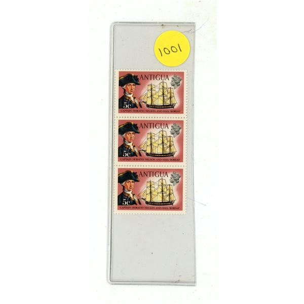 Strip of 3 Antigua 5 Cents Stamps that depict Captain Horatio Nelson. Mint.