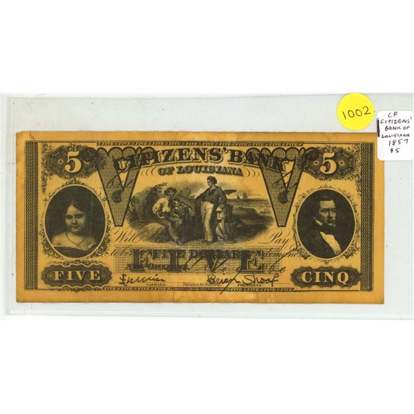 Counterfeit Citizens’ Bank of Louisiana 1857 $5.