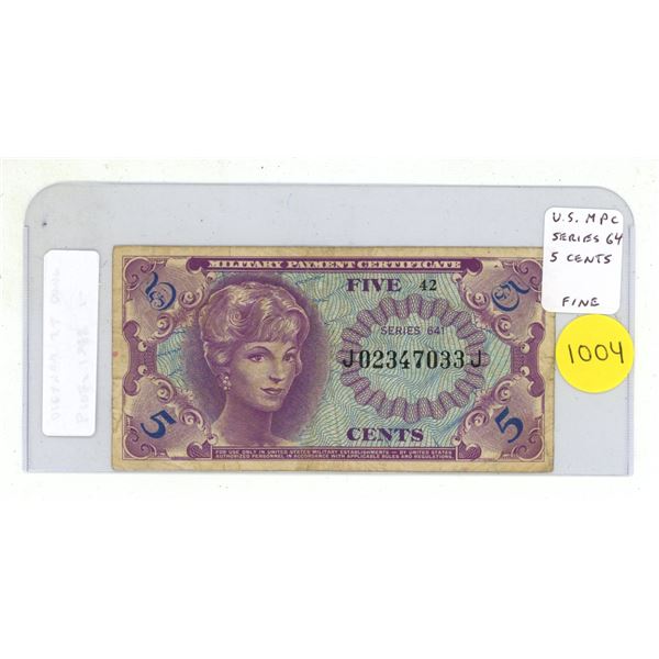 U.S. Military Payment Certificate. Series 64. Good for 5 Cents at the PX. Fine.