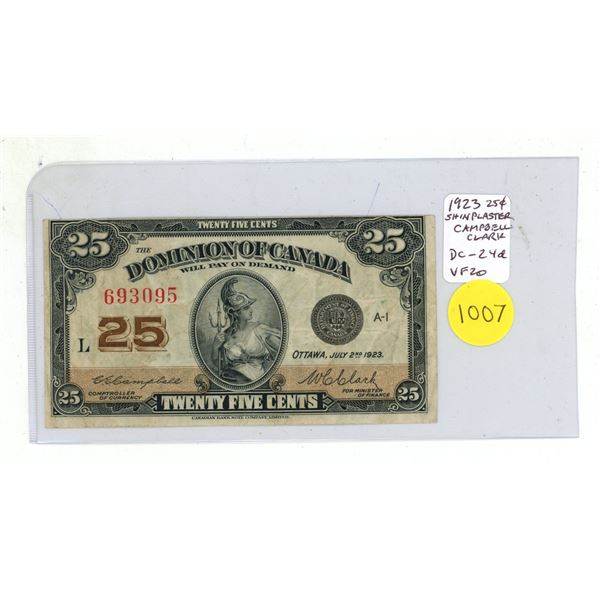 1923 25 Cents Shinplaster. Campbell-Clark signatures. BC-24d. VF20.