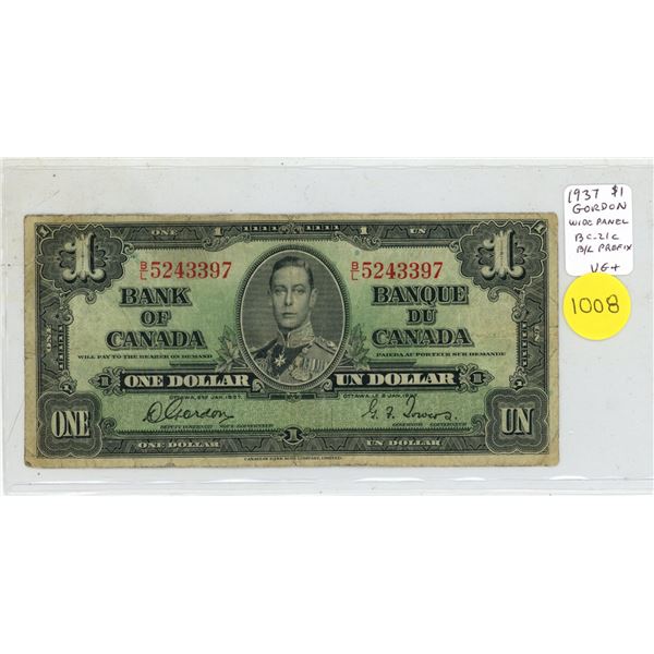 1937 $1. Gordon-Towers signatures. Wide Panel. B/L Prefix. BC-21c. VG+.