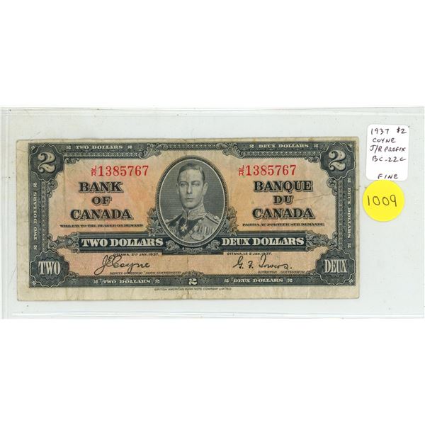 1937 $2. Coyne-Towers signatures. J/R Prefix. BC-22c. Fine.