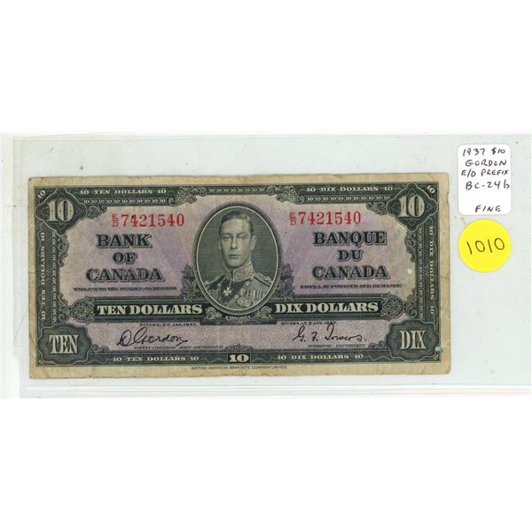 1937 $10. Gordon-Towers signatures. E/D Prefix. BC-24b. Fine.