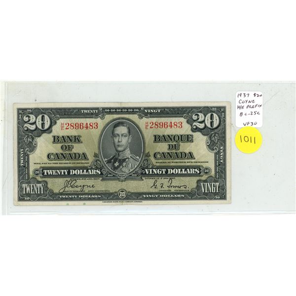 1937 $20. Coyne-Towers signatures. H/E Prefix. BC-25c. VF+.