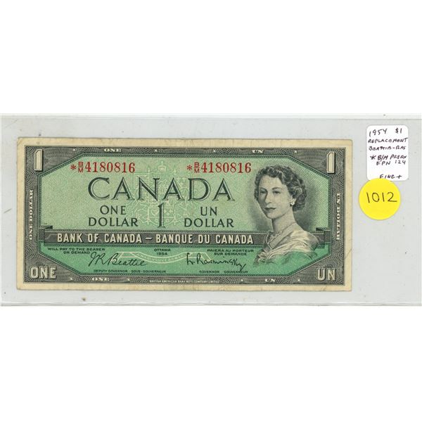 1954 $1 Replacement Note. Modified Portrait. *B/M Replacement Prefix. Front Position Number 124. Fin