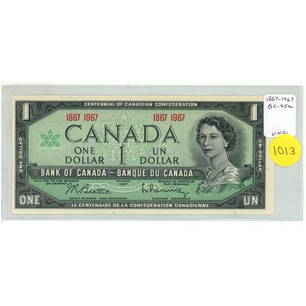 1867 – 1967 $1 Canadian Centennial note. No Serial Numbers. BC-45a. Uncirculated.