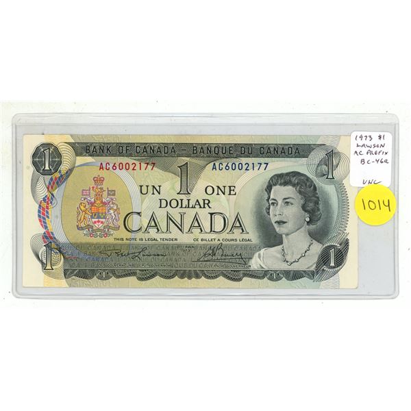 1973 $1. Lawson-Bouey signatures. AC Prefix. BC-46a. Uncirculated.