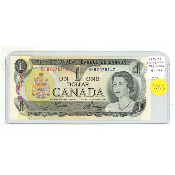 1973 $1. Crow-Bouey signatures. BFB Prefix. BC-46b. Uncirculated.
