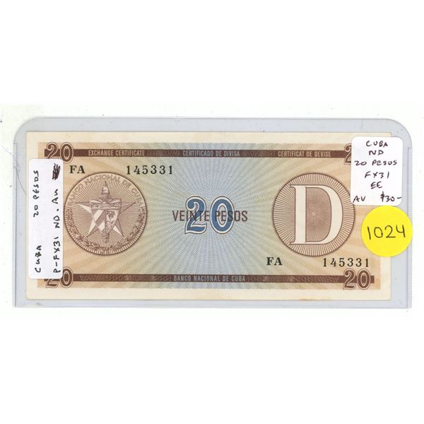 Cuba. ND 20 Pesos. Foreign Exchange Certificate. AU.