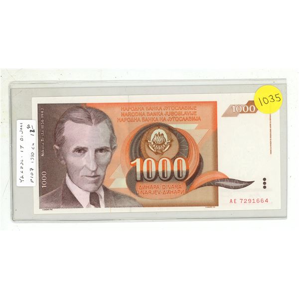 Yugoslavia. 1990 1000 Dinara. Nikola Tesla. Uncirculated.