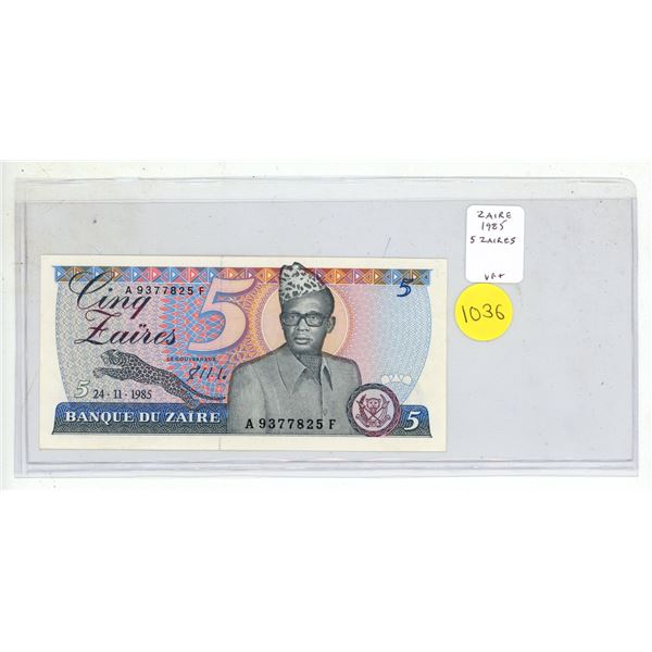 Zaire. 1985 5 Zaires. Mobutu with leopard. VF+.