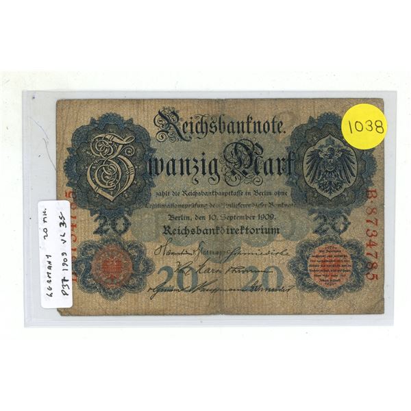 Germany – Empire. 1909 20 Mark Reichsbanknote. VG.