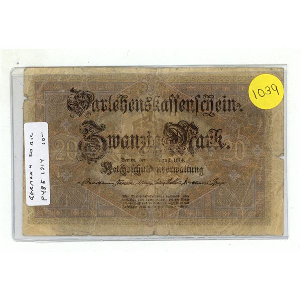 Germany – Empire. 1914 20 Mark Darlehenskassenschein. Issued during the first year of World