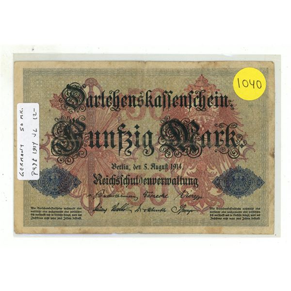 Germany – Empire. 1914 50 Mark Darlehenskassenschein. Issued during the first year of World
