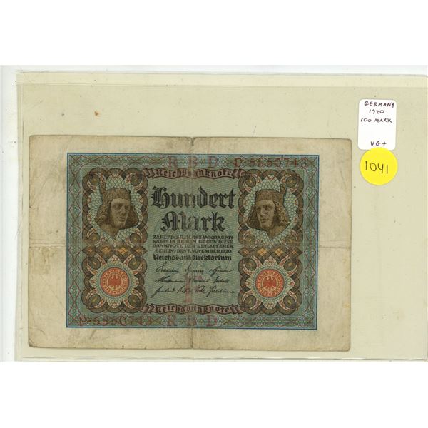 Germany – Weimar Republic. 1920 100 Mark Reichsbanknote. VG+.