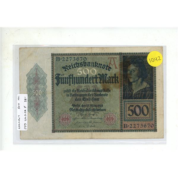 Germany – Weimar Republic. 1922 500 Mark Reichsbanknote. Fine.