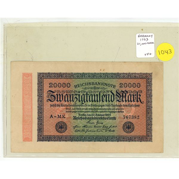 Germany – Weimar Republic. 1923 20,000 Mark Reichbanknote. VF+.