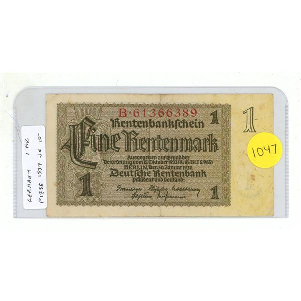 Germany – Nazi Third Reich. 1937 1 Rentenmark Rentenbankschein. VF.