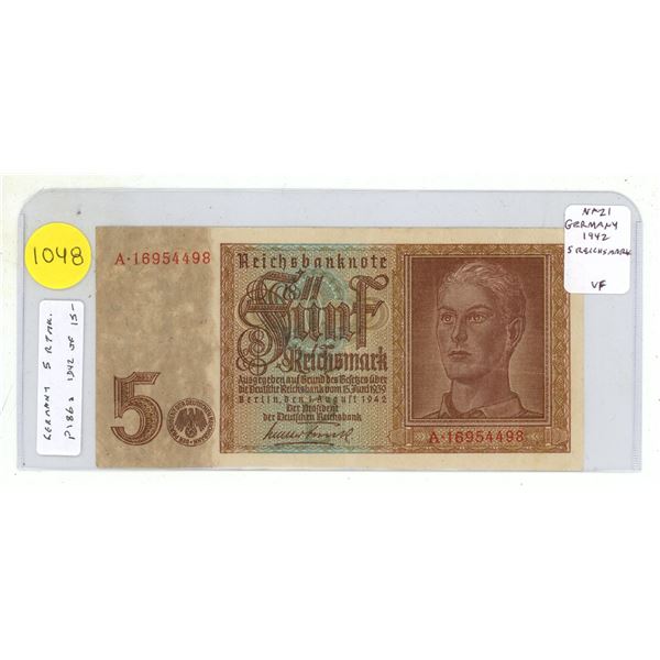 Germany – Nazi Third Reich. 1942 5 Reichsmark Reichsbanknote. Eagle and Swastika. VF.