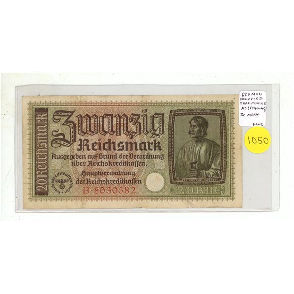 German Occupied Territories during World War II. ND (1940 – 1945) 20 Reichsmark. Eagle and 