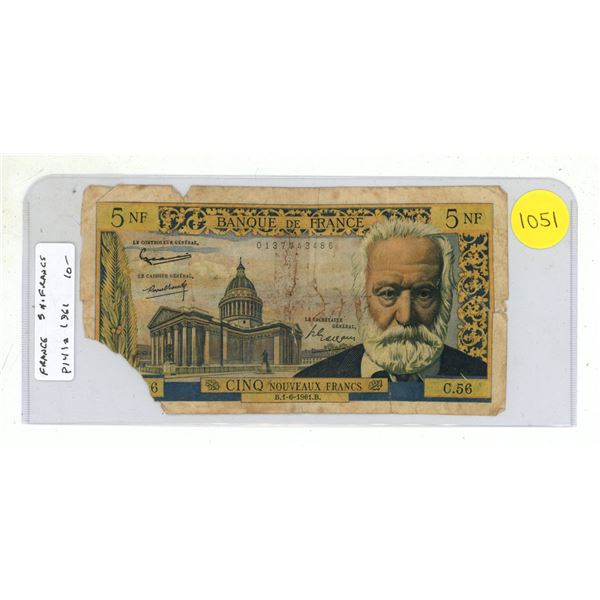 France. 1961 5 Francs. Louis Pasteur. Good with piece missing.
