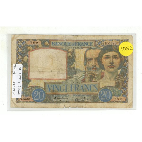 France. 1941 20 Francs. VG with tape.