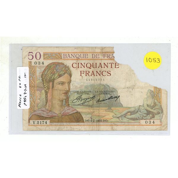 France. 1935 50 Francs. VG with piece missing.