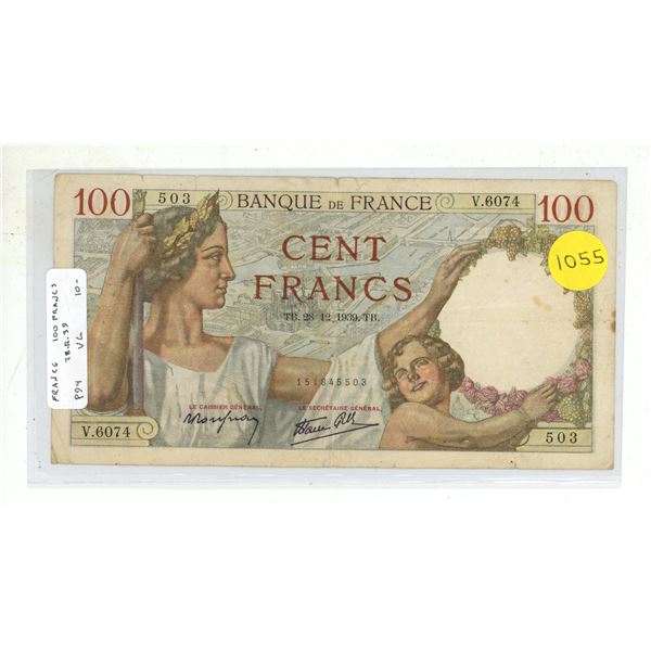 France. 1939 100 Francs. VG.