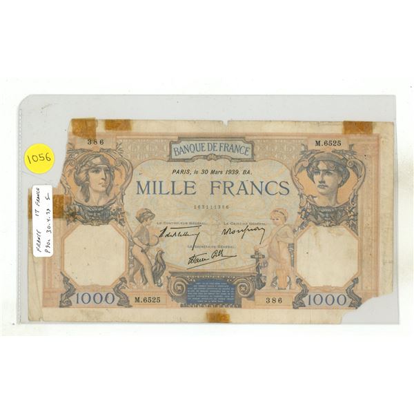France. 1939 1000 Francs. VG with pieces missing and tape.