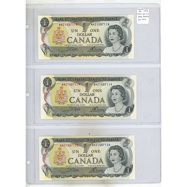 Canada. Set of 3 1973 $1 notes with Consecutive Serial Numbers. Crow-Bouey signatures. AMZ Prefix. B