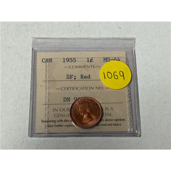 1955 Shoulder Fold Canadian Small Cent. ICCS certified and graded MS-64 Red.