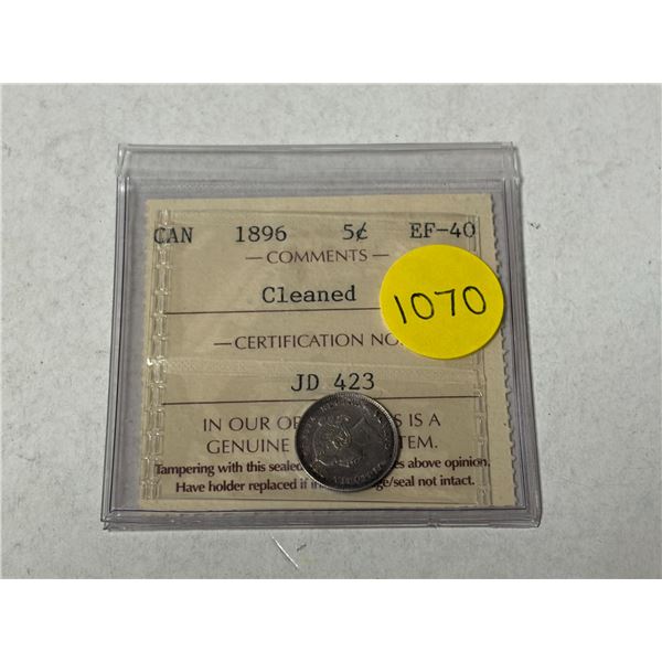1896 Canadian Victorian Silver 5 Cents. ICCS certified and graded EF-40 Cleaned.