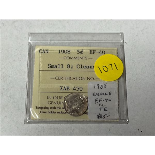 1908 Canadian Silver 5 Cents. The first Silver 5 Cents minted in Canada. ICCS certified and graded E
