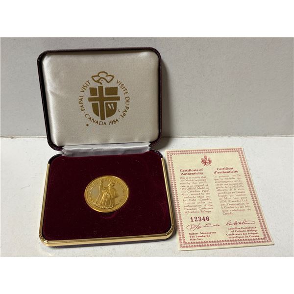 1984 Papal Visit to Canada Official Medal. Gold Plated. Minted by the Lombardo Mint. Housed in its o